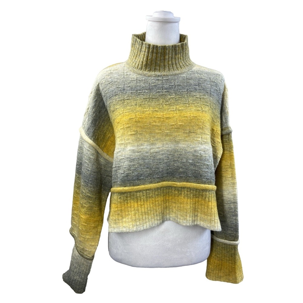 Pilcro Sweater Womens Small Petite Yellow Gray Striped Turtleneck Knit Pullover